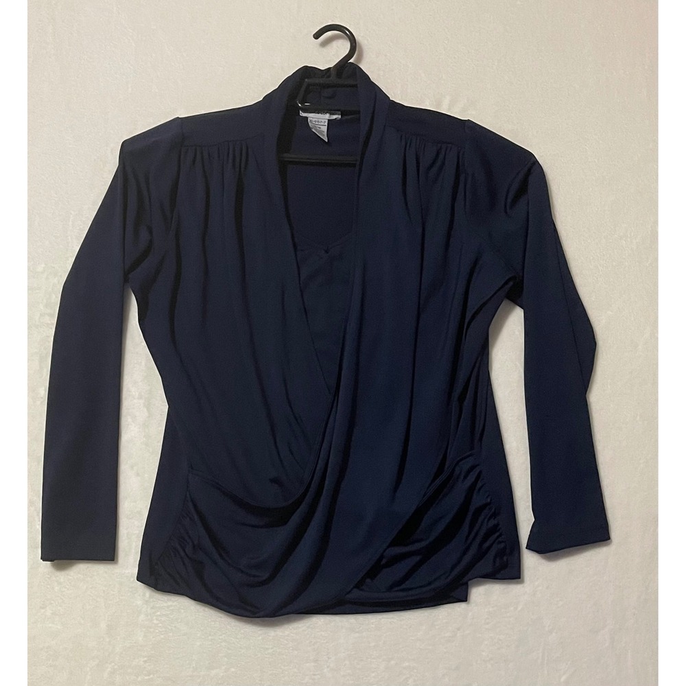 Jessica London Wrap‎ Blouse Long Sleeve Ruched Plus Size Top Navy 14/16
